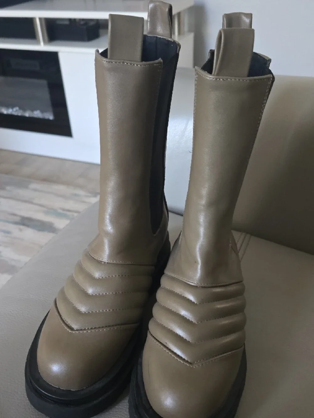 Ego Ayah Stitch Detail Mid Calf  Ankle Boots in Taupe